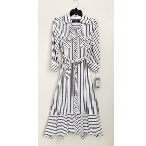 KARL LAGERFELD Striped Asymmetric Shirt Dress In Soft White NWT - Picture 2 of 13